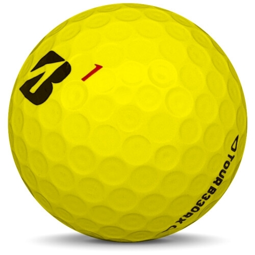 Golfboll av modellen Bridgestone B330-RX i gul färg sned bild