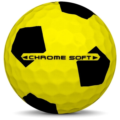 Golfboll av modellen Callaway Chrome Soft i 2019 års version med truvis gul svart färg från sidan