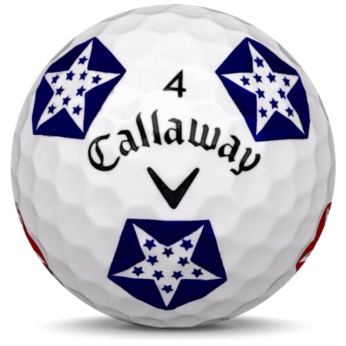 Golfboll av modellen Callaway Chrome Soft i 2019 års version med truvis usa färg framifrån